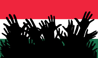 Hands up silhouettes on a Hungary flag. Crowd of fans of soccer, games, cheerful people at a party. Vector banner, card, poster.