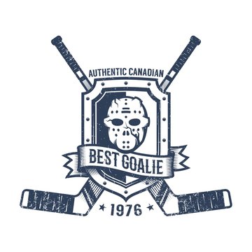 Hockey goalkeeper retro logo - goalie mask, heraldic shield and crossed sticks. Grunge worn texture on a separate layer.