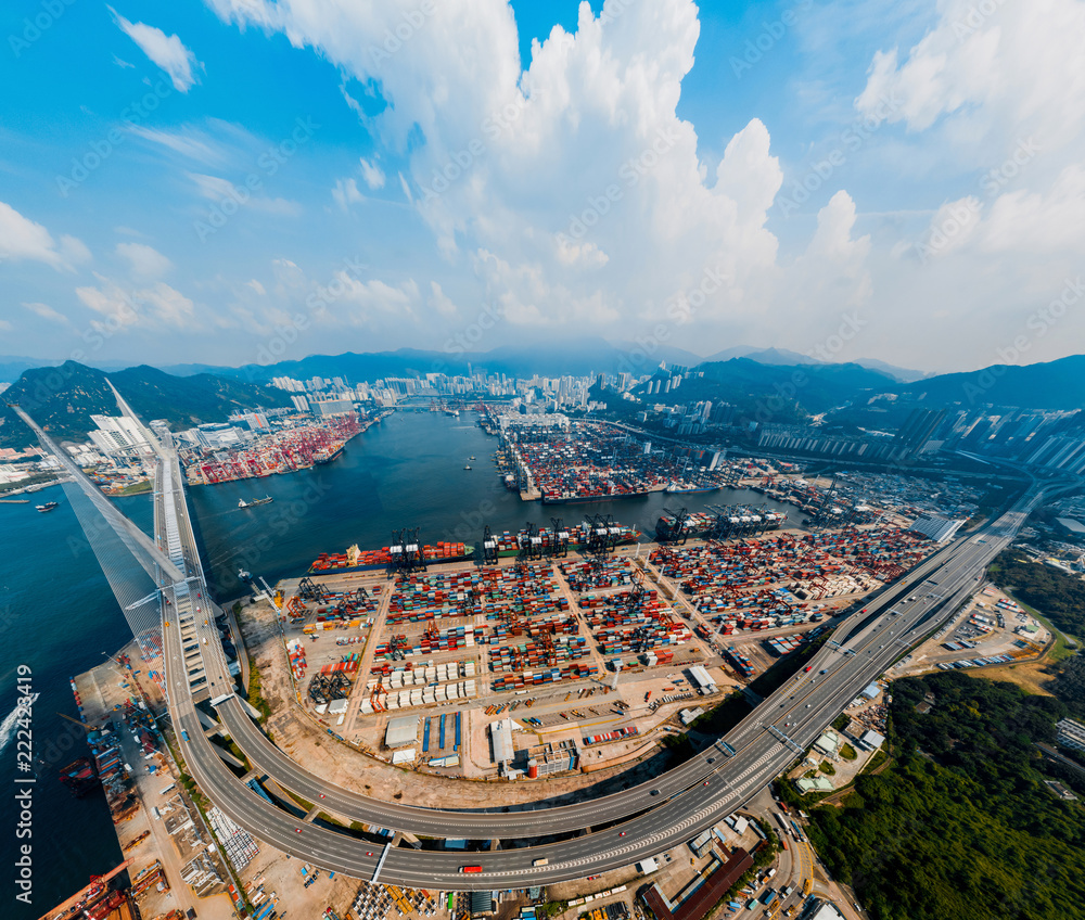 Poster panorama aerial view of hong kong kwai tsing container terminal