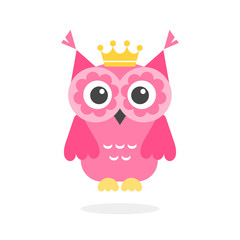 Funny pink owl with crown isolated on white