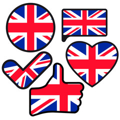 Flag of Great Britain in the shape of Button, Heart, Like, Check mark, flat style, symbol of love for his country, patriotism, icon for Independence Day
