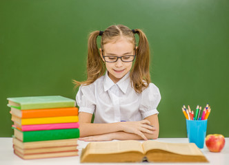 Little girl studying and reading book at school