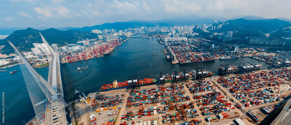 Poster panorama aerial view of hong kong kwai tsing container terminal