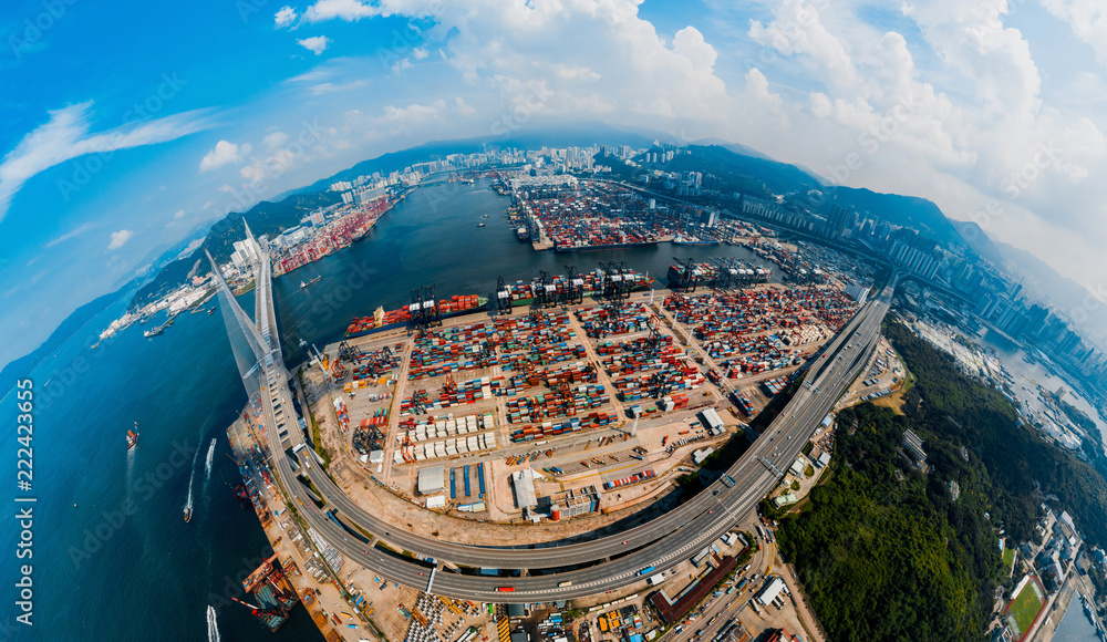 Poster panorama aerial view of hong kong kwai tsing container terminal