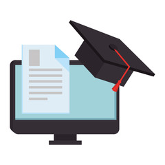 document with computer and hat graduation