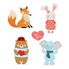 Cute fox, rabbit, bear, elephant boys and girls cartoon hand drawn vector illustrations for baby t-shirt print, fashion print design, kids wear, clothes, baby celebration greeting and invitation card