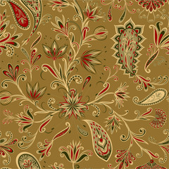 Abstract vintage pattern with decorative flowers, leaves and Paisley pattern in Oriental style.