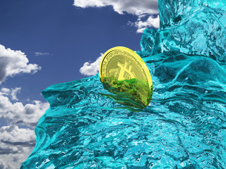 Bitcoin crypto currency Golden coin in pure ice block glowing in the sun Bit coin reflecting sun ray Ice age ancient gold coin Important history First currency Earth on sky background 3d illustration