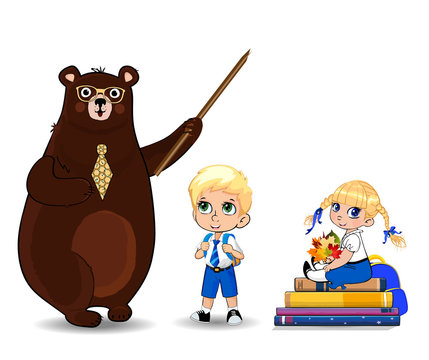 Cartoon bear teacher in glasses holding pounter and school children on white background