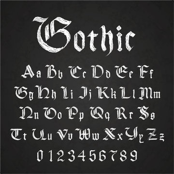 Old hand drawn gothic letters drawing with white chalk on black chalkboard