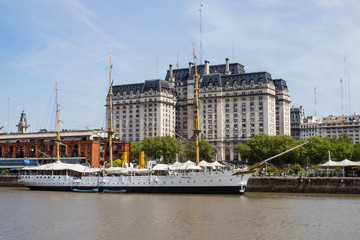 Naklejka premium Defense building in Puerto Madero Buenos Aires Argentina, navy sailboat