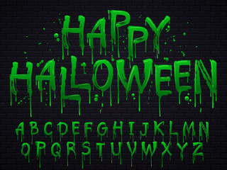 Green slime font. Halloween toxic waste letters, scary horror greens goo sign and splash liquid slimes vector isolated set