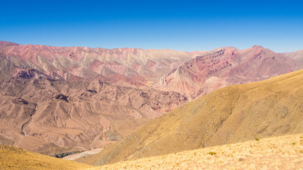 Fototapeta na wymiar Panoramic view of The Hornocal the 14 colours mountain in Humahuaca, northwest of Argentina