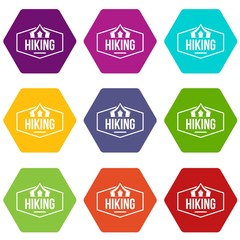 Hiking emblem icons 9 set coloful isolated on white for web