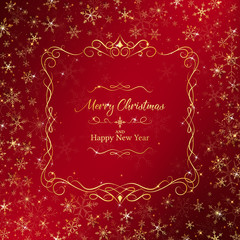 Christmas background rounding by golden snowflakes and luxury border middle included merry Christmas and happy new year lettering