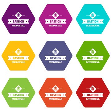 Victorian bastion icons 9 set coloful isolated on white for web