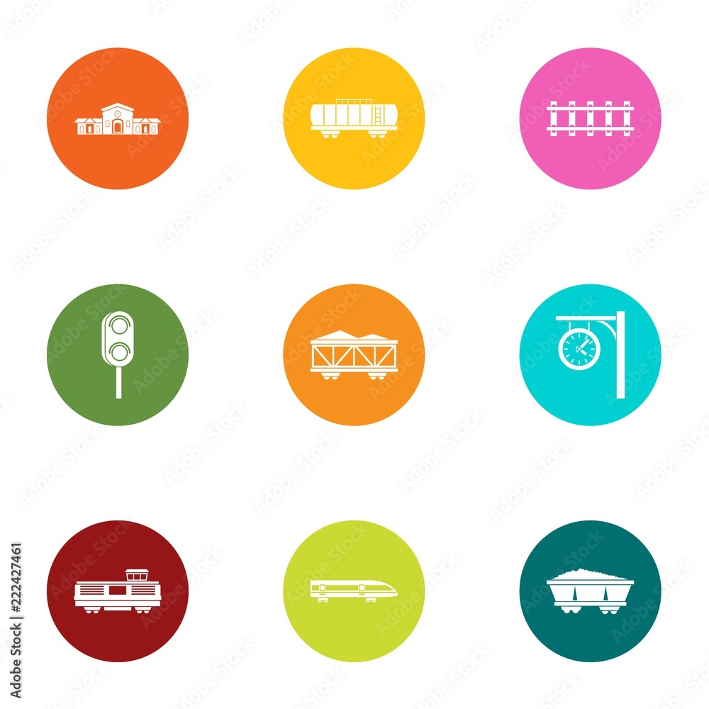 Poster railway station icons set. flat set of 9 railway station vector icons for web isolated on white back