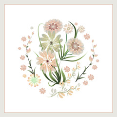 Vector floral pastel shades pattern for design hijab scarf scarf tender flowers zakompanovany in circle on white background with square frame