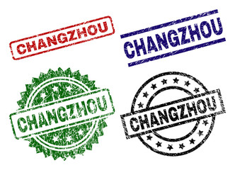 CHANGZHOU seal imprints with distress style. Black, green,red,blue vector rubber prints of CHANGZHOU caption with unclean style. Rubber seals with circle, rectangle, rosette shapes.