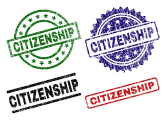 CITIZENSHIP seal imprints with distress style. Black, green,red,blue vector rubber prints of CITIZENSHIP tag with grunge style. Rubber seals with circle, rectangle, rosette shapes.