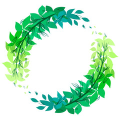 Naklejka premium Round green wreath of leaves with doodle branches. The object is separate from the background. Vector flat element for invitation cards, greeting cards and your design