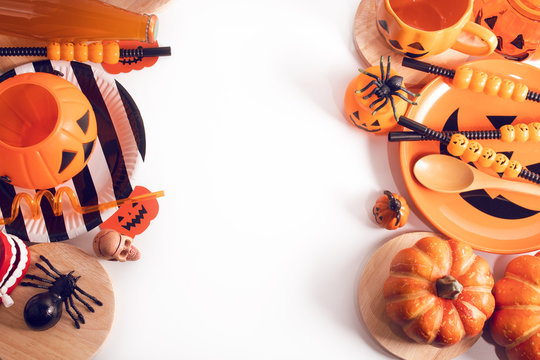 halloween party dinner with fun toy prop deration on white background for holiday