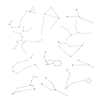 Zodiac Constellations Set. Zodiac signs: Aries, Taurus, Gemini, Cancer, Leo, Virgo, Libra, Scorpio, Sagittarius, Capricorn, Aquarius, Pisces. Black icons. Vector illustration