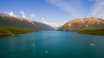 st arnauld panorma scenic view ship blue lake new zealand