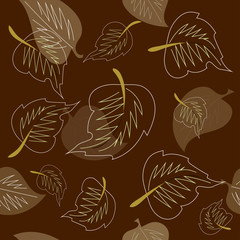 Vector seamless seasonal floral pattern with outline of autumn painted leaves on a brown background, leaf fall, spinning of fallen leaves