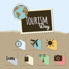 World Tourism day card on blue and brown background
