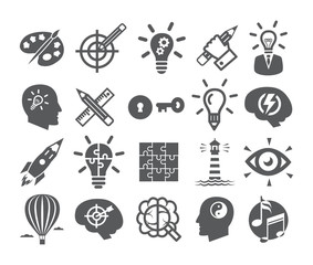 Creativity icons set. Icons for inspiration, idea, brain, imagination, problem solving, mind power.