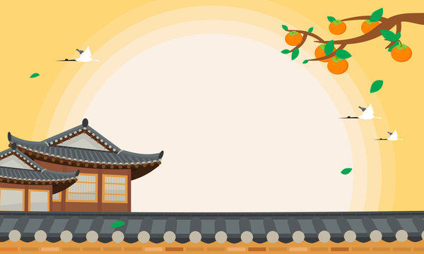Korean Harvest Festival (Chuseok or Hangawi) background vector illustration. Persimmon tree with Korean traditional house.