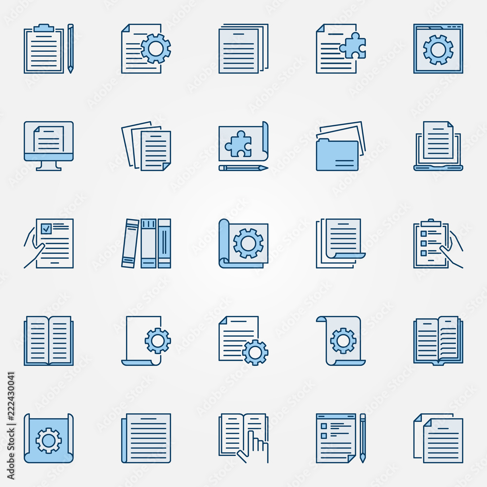 Poster technical documentation blue icons set - vector document signs