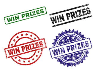 WIN PRIZES seal prints with distress surface. Black, green,red,blue vector rubber prints of WIN PRIZES tag with dirty style. Rubber seals with circle, rectangle, rosette shapes.