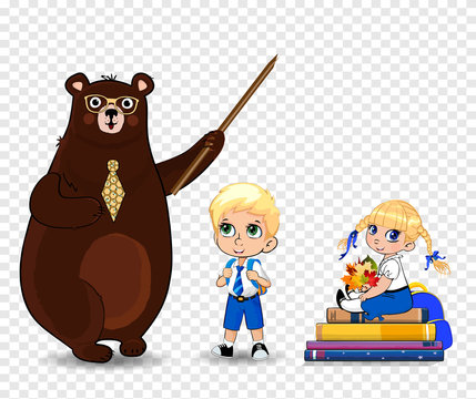 Cartoon bear teacher in glasses holding pounter and school children isolated, clip art
