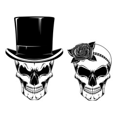 Vector image of a skull in a hat and a skull with a rose on the head.