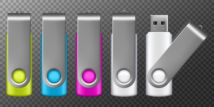 USB Flash Drive. 3d Flash Disk Blank Mockup Set For Design. Vector Illustration