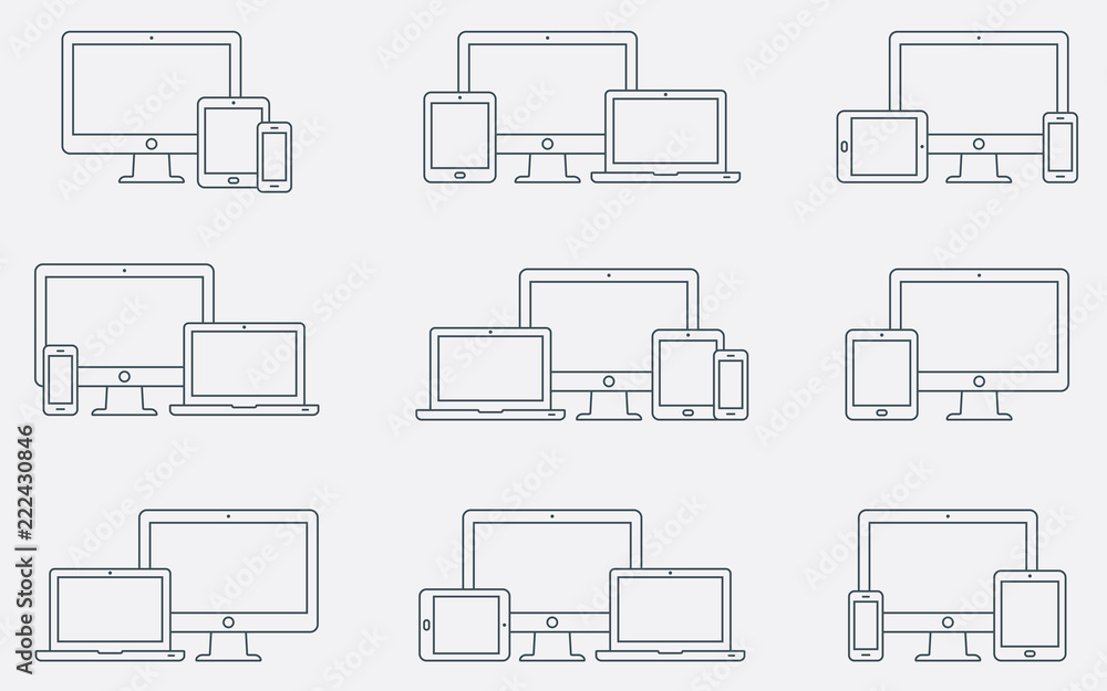 Poster vector set of outline device icons. responsive digital devices icons.