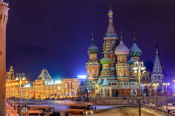 Fototapeta na wymiar Night view of Saint Basil s Cathedral and Red Square in Moscow, Russia. Architecture and landmark of Moscow. Night winter cityscape of Moscow