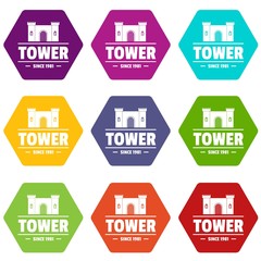 Luxury tower icons 9 set coloful isolated on white for web