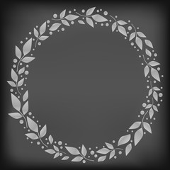 Chalkboard background with decorative circle frame of white leaves and dots for decoration, scrapbooking paper, invitation, greeting card,text,family tree,postcard,cove