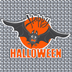 Bat against the background of a bright orange sun. All Hallows' Eve.  Emblem, sticker for the holiday on a gray knitted background. Design for children's clothes decoration.
