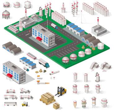 ensemble d'objets et bâtiments industriels isométriques