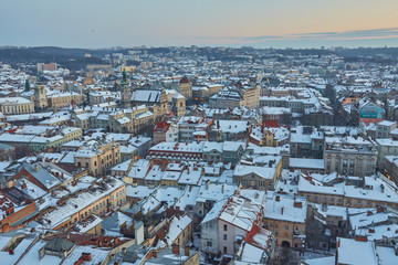 Scenic winter night snowy aerial view of the Old Town architecture