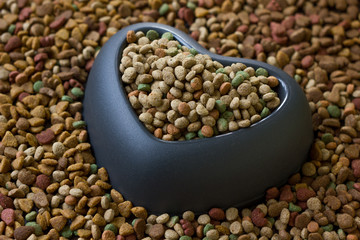 Heart pet bowl filled by dry pet food.