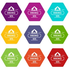Hiking icons 9 set coloful isolated on white for web