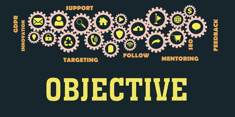 OBJECTIVE Gears mechanism Hi tech web concept. Tags and icons cloud 