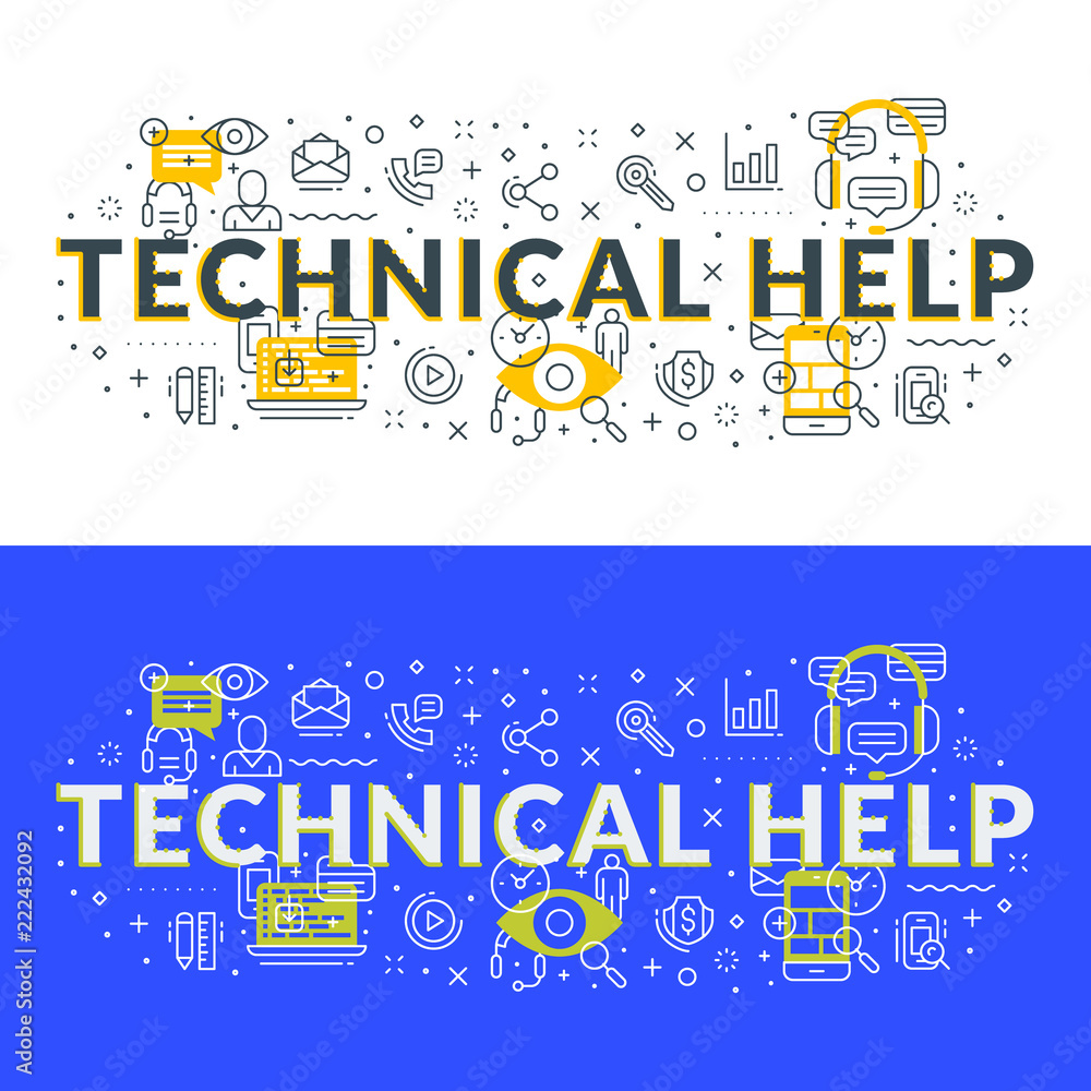 Poster technical help. flat line illustration concept for web banner and printed materials. vector illustra