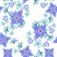 Obraz premium Botanical motifFashionable floral seamless pattern with small violet creative flowers and intertwining green stems with a leafy white background for fabric design.