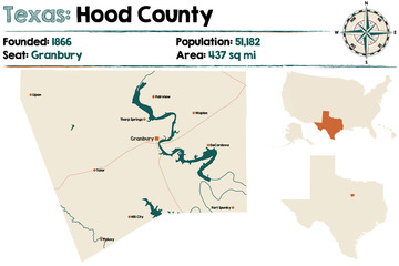 Detailed map of Hood county in Texas, USA.